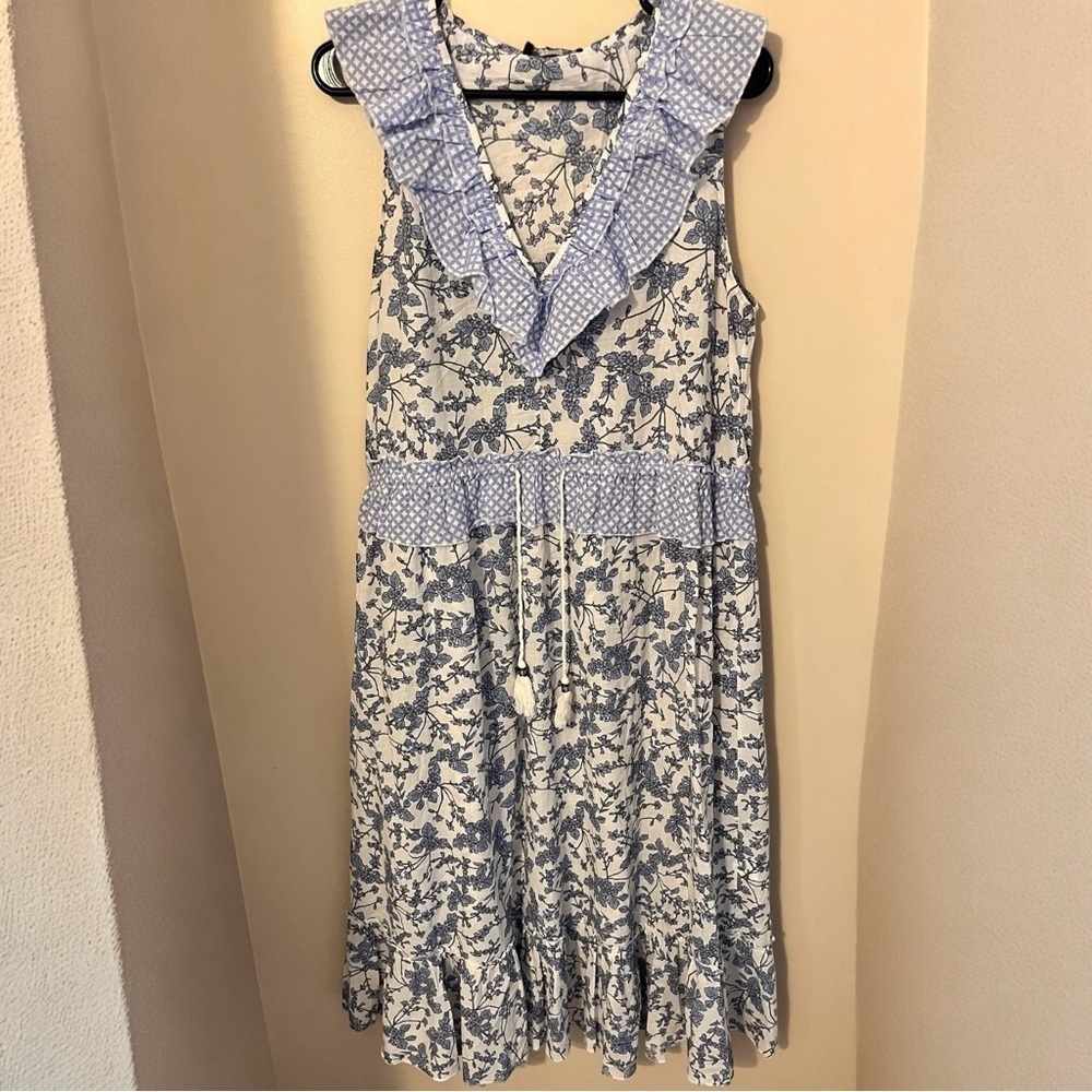 Floral Sleeveless Cotton Dress with Ruffle Collar - Picture 2 of 7